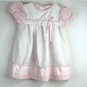 VTG 90s Rose Cottage Dress 3T White Pink Lace Floral Short Sleeve Easter Frilly